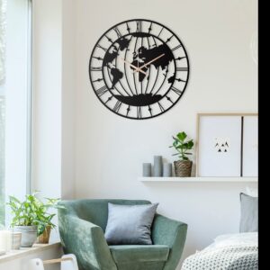World Map Oversize Wall Clock With Roman Numbers