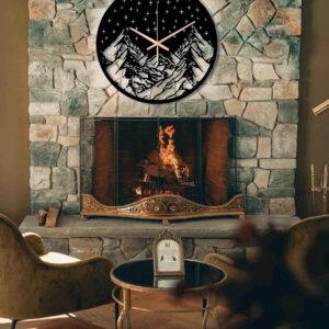 Decorative Clock, Metal Wall Clock, Oversized Wall Clock, Mountain and Stars Wall Clock, Nature Design Large Outdoor Clock, Clocks For Wall
