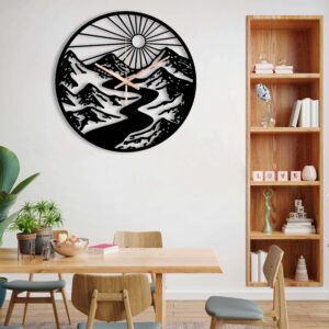 Mountain River Sun Clock, Contemporary Clock, Unique Wall Clock, Boho Wall Clock, Extra Large Clock, Black Metal Wall Clock, Laser Cut Clock