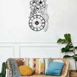 Flowers Minimalist Clock, Oversized Wall Clock, Unique Wall Clock, , Black Wall Clock, Metal Wall Clock, Silent Wall Clock, Clocks For Wall