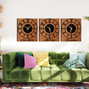 Time Zone Clock, Unique Wall Clock, Silent Wall Clock, Wood Metal Wall Clock, Black Wall Clock, Oversized Wall Clock, Laser Cut Clock