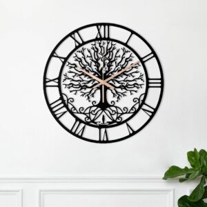 Large Tree Of Life Clock, Metal Wall Clock, Unique Wall Clock, Living Room Oversized Wall Clock, Black Wall Clock, Laser Cut Clock For Wall