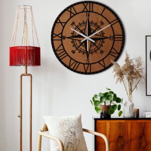 Wooden Metal Wall Clock, Compass Wall Clock, Silent Wall Clock, Oversized Wall Clock, Unique Wall Clock, Small Clock For Wall Home Decore